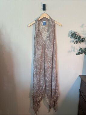 Soaked Women’s S/M Sheer Animal Print Open Front Duster Vest Sequin Trim Boho